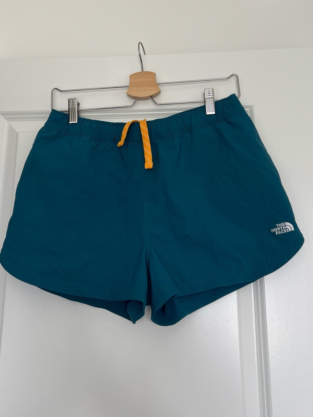 The North Face Teal Athletic Shorts with Yellow Drawcord
